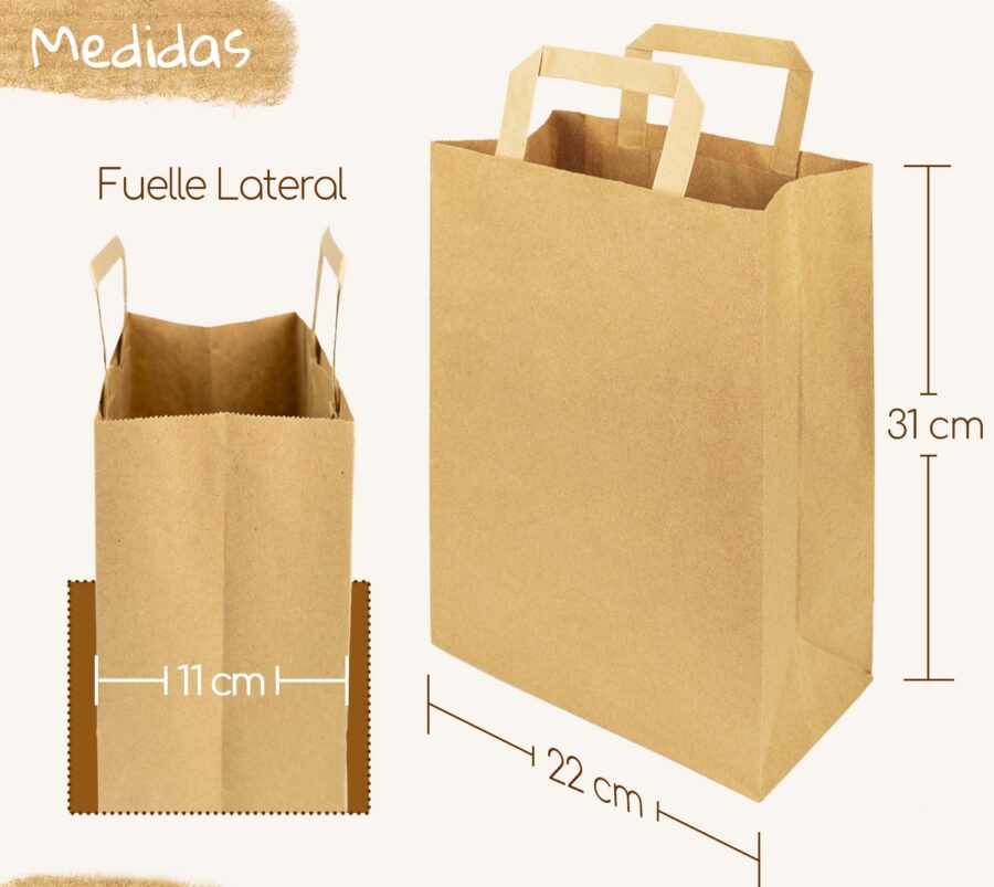 Bolsas kraft con Asa Plana 22x31x11 (100uds,80g/m²) - Imagen 2